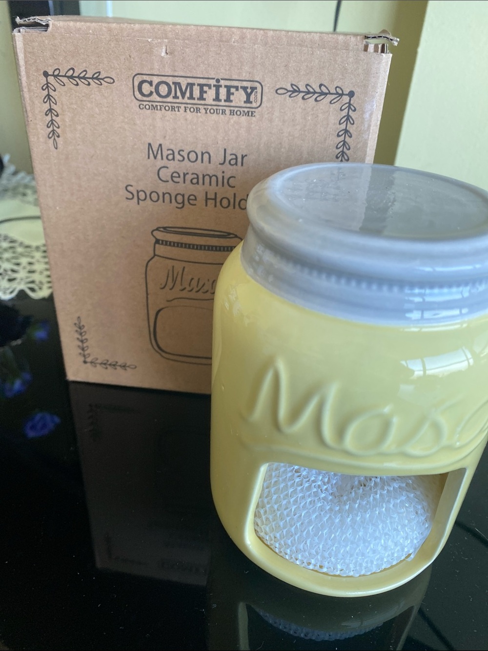 Yellow Ceramic Mason Jar Sponge Holder